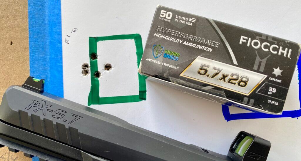 PX-5.7 pistol with 5.7x28 ammo and target