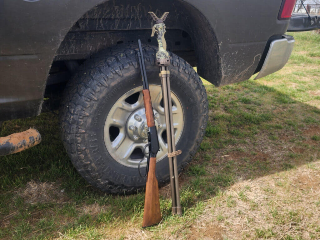 rifle and shooting sticks