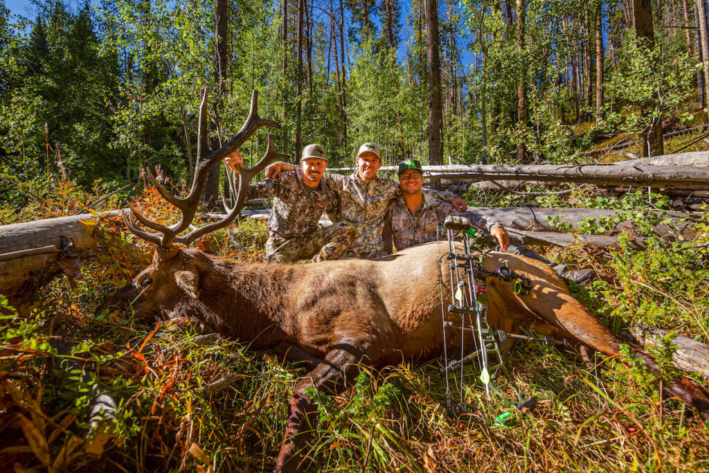 three bowhunters with a harvested elk after target panic practice and hunting preparation