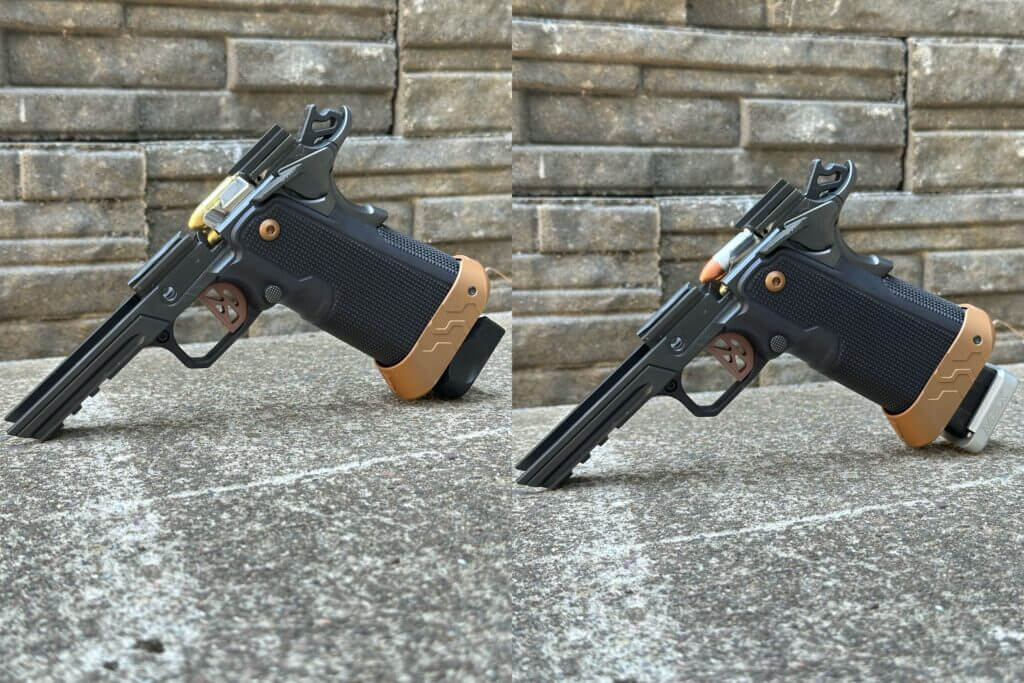 Two images of a 2011 lower with different magazines, comparing fitment.