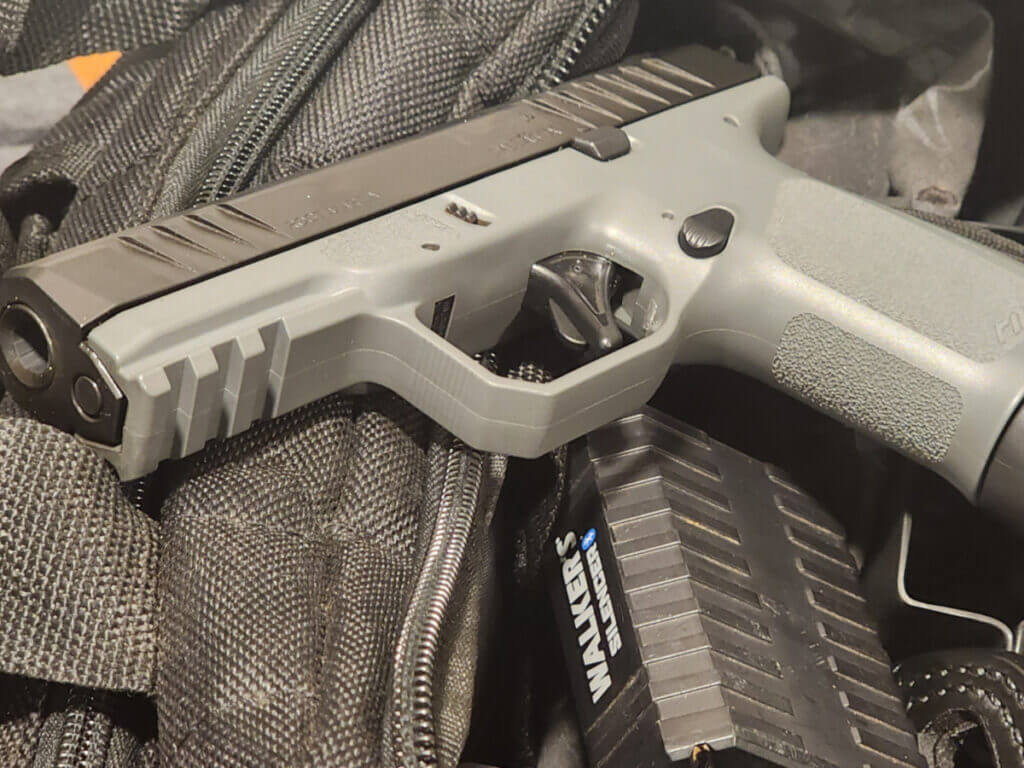 gray handgun on range bag