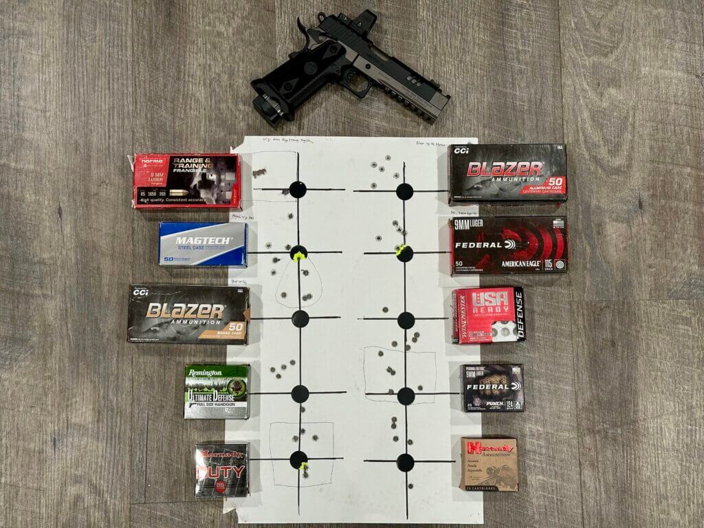 Different ammunitions are laid out on a target next to their respective group. 