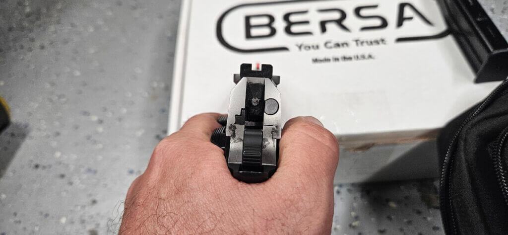 Sight picture through Bersa M2XI fixed rear with tritium front sight on target