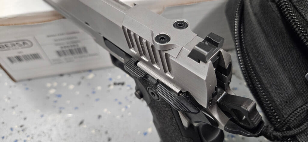 Bersa M2XI controls with extended slide stop ambi safeties and optics cut detail