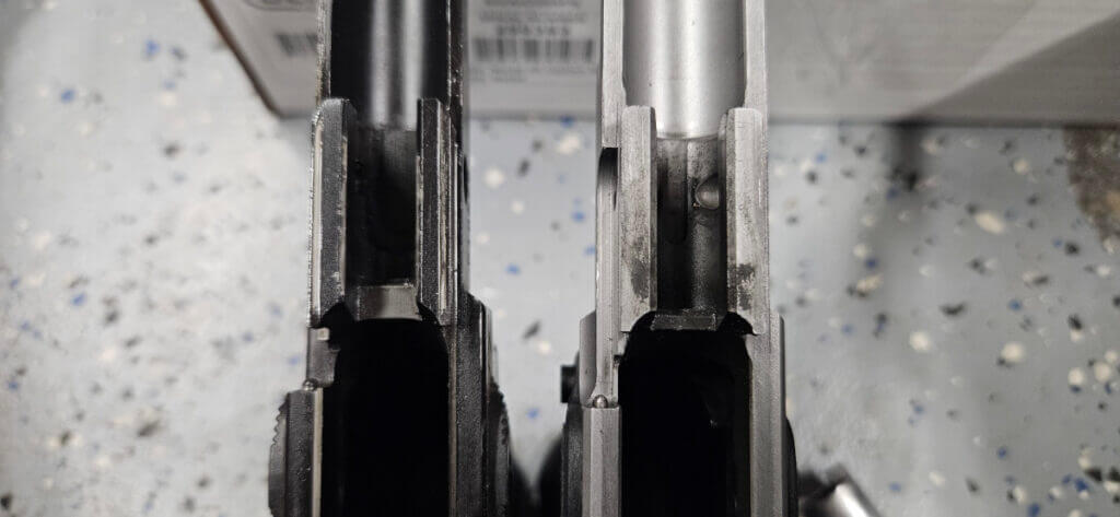 Standard Wilson Nowlin frame cut next to Bersa M2XI frame cut highlighting ramp geometry differences