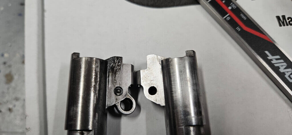 Close up of Bersa M2XI barrel ramp compared to Wilson Nowlin ramp showing non standard dimensions