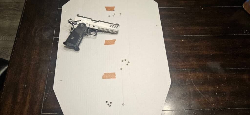 Bersa M2XI 9mm range results target with 10 yard and 18 yard groups using Speer Lawman and Gold Dot ammo