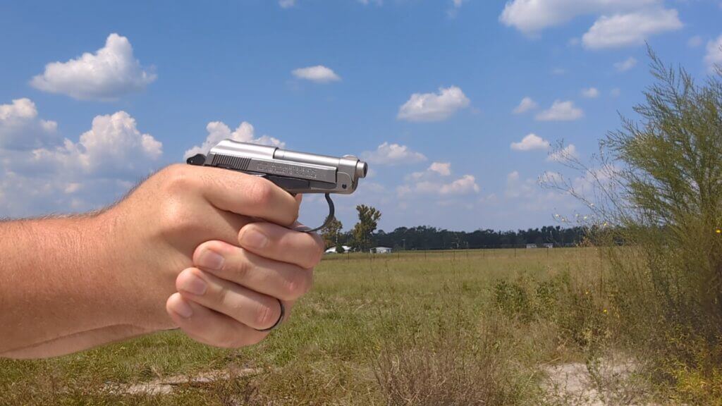 Beretta 21A shooting showing tiny sights and heavier trigger feel