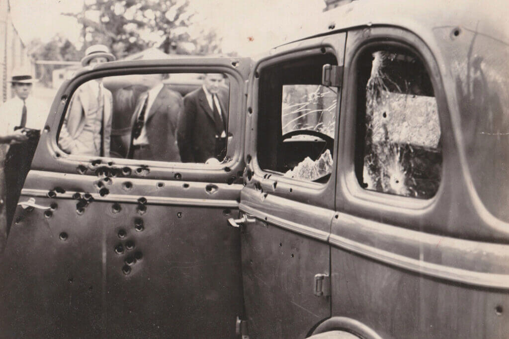 Bonnie and Clyde death car shot to pieces after Frank Hamer ambush in Louisiana