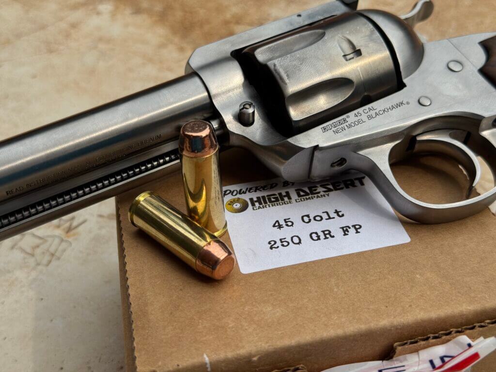 Ruger Blackhawk with High Desert Cartridge .45 Colt ammunition on range table