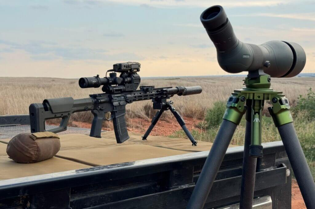 Spotter and shooter team using Maztech X4-FCS to stretch an AR on steel