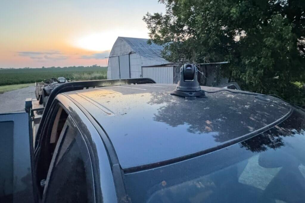 Dark 30 Defiance PTZ on pickup roof using magnetic feet during field test