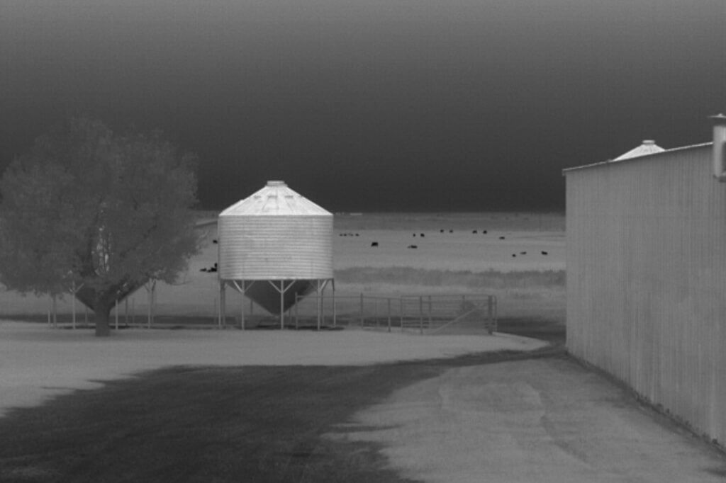 Dark 30 Defiance PTZ thermal view showing grain bin at 85 yards and cattle at 500 to 1100 yards