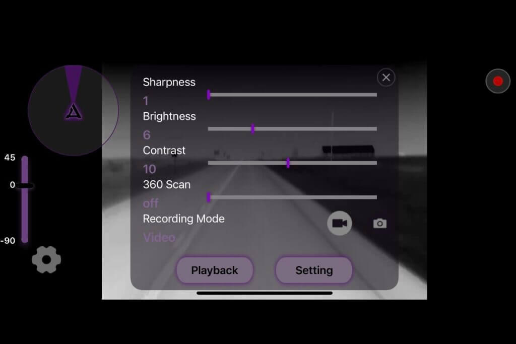 Dark 30 Defiance PTZ settings screen on tablet and mobile app for control and recording