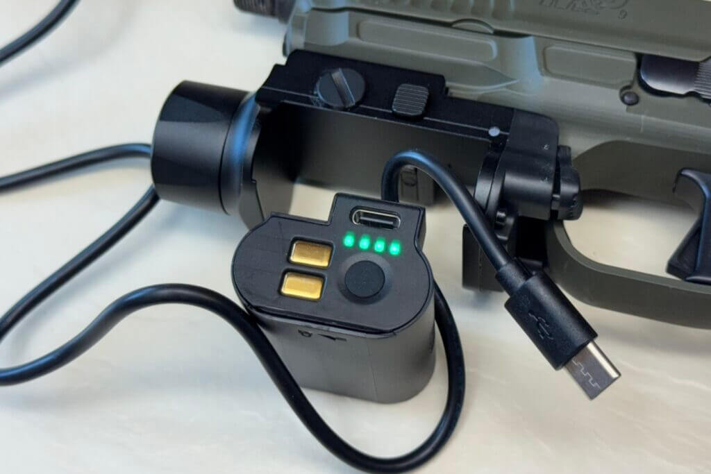 Removable proprietary battery for the Nitecore NPL35 pistol light charging via USB-C
