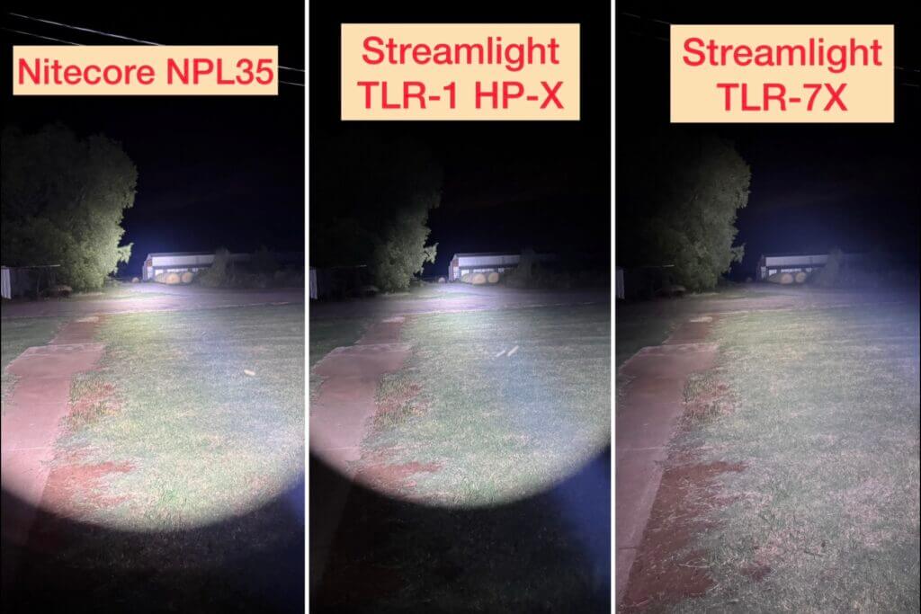 Comparison of multiple pistol lights at night shining on a barn 106 yards away including the Nitecore NPL35