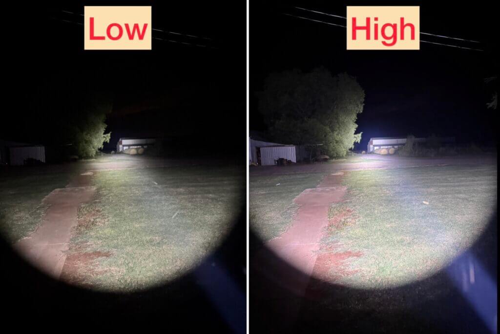 Nitecore NPL35 beam test at night comparing low 320 lumen mode and high 2000 lumen mode at 106 yards
