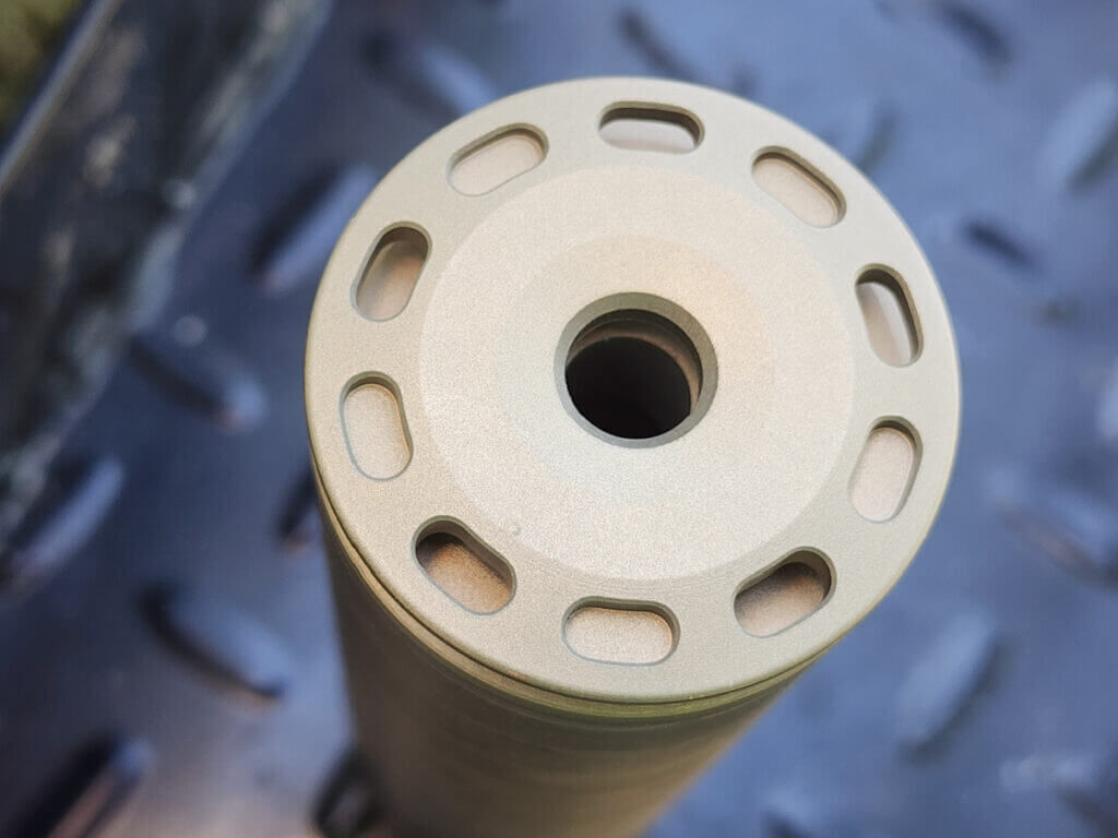 Close view of SilencerCo Single Port Anchor Brake included with Scythe Ti to reduce recoil and muzzle rise