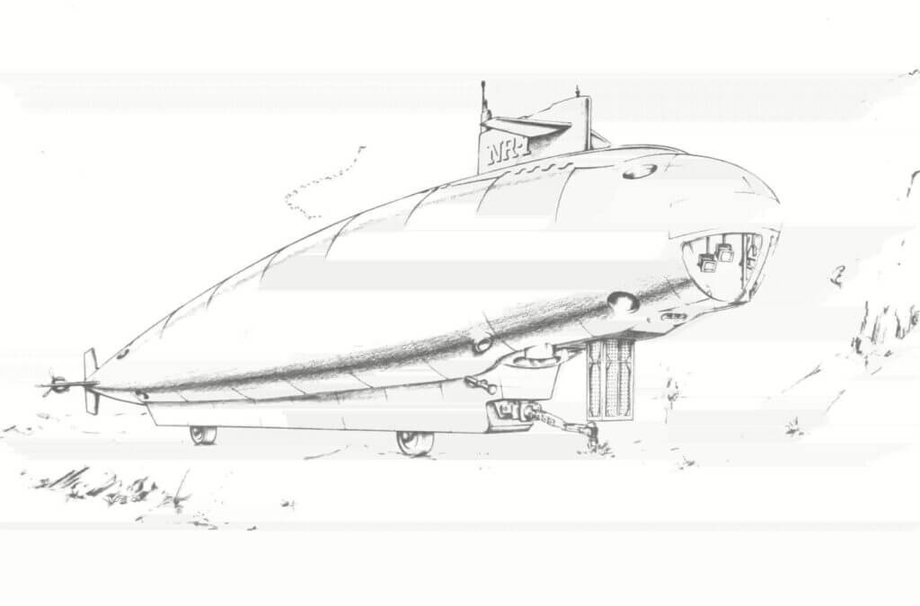 Early design sketch of NR-1 with Goodyear truck tires on the keel