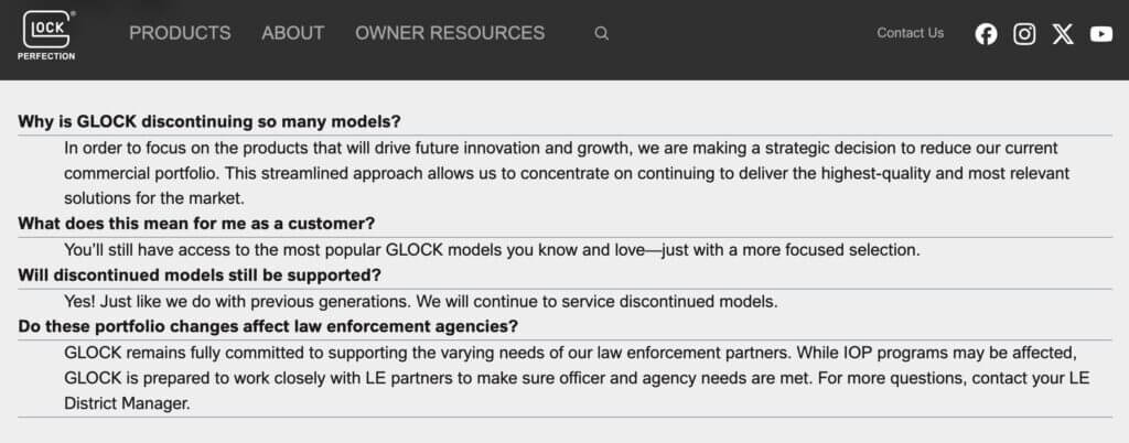 Glock answers questions on why it's discontinuing so many models.