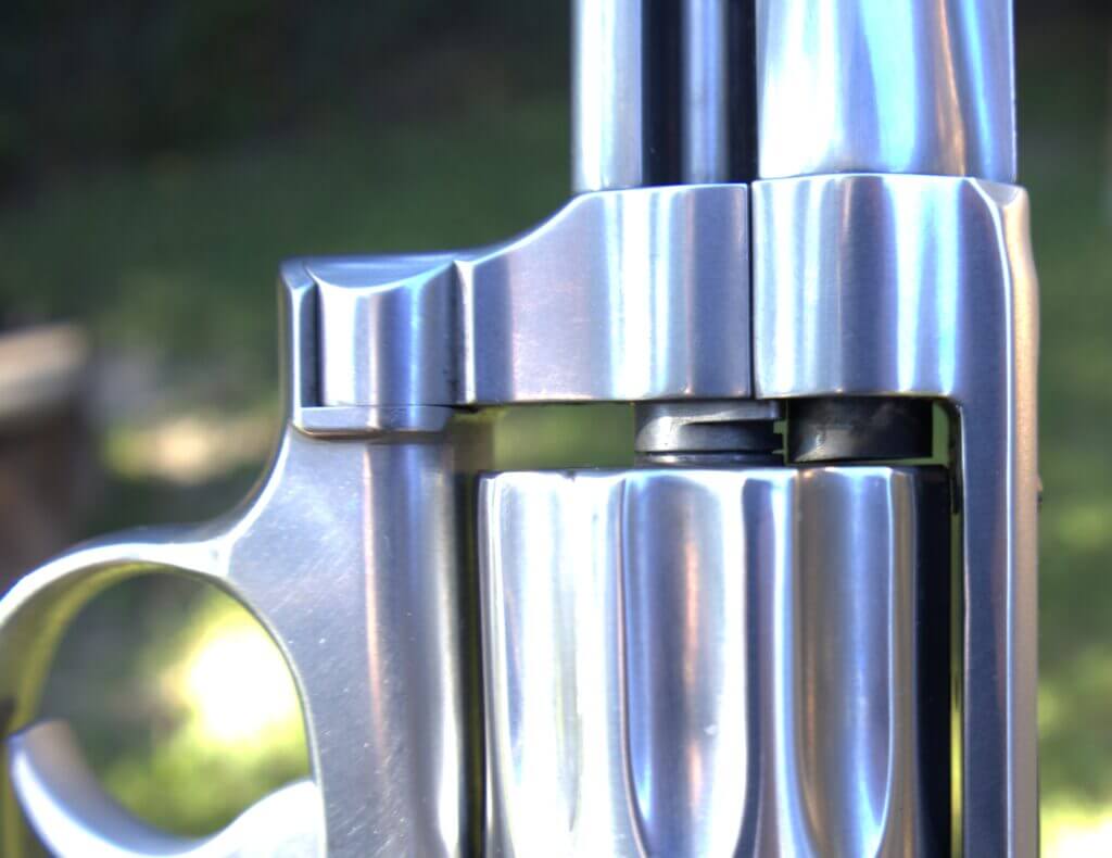 Smith & Wesson 617 Mountain Gun forcing cone after warranty repair showing revolver barrel and cylinder gap