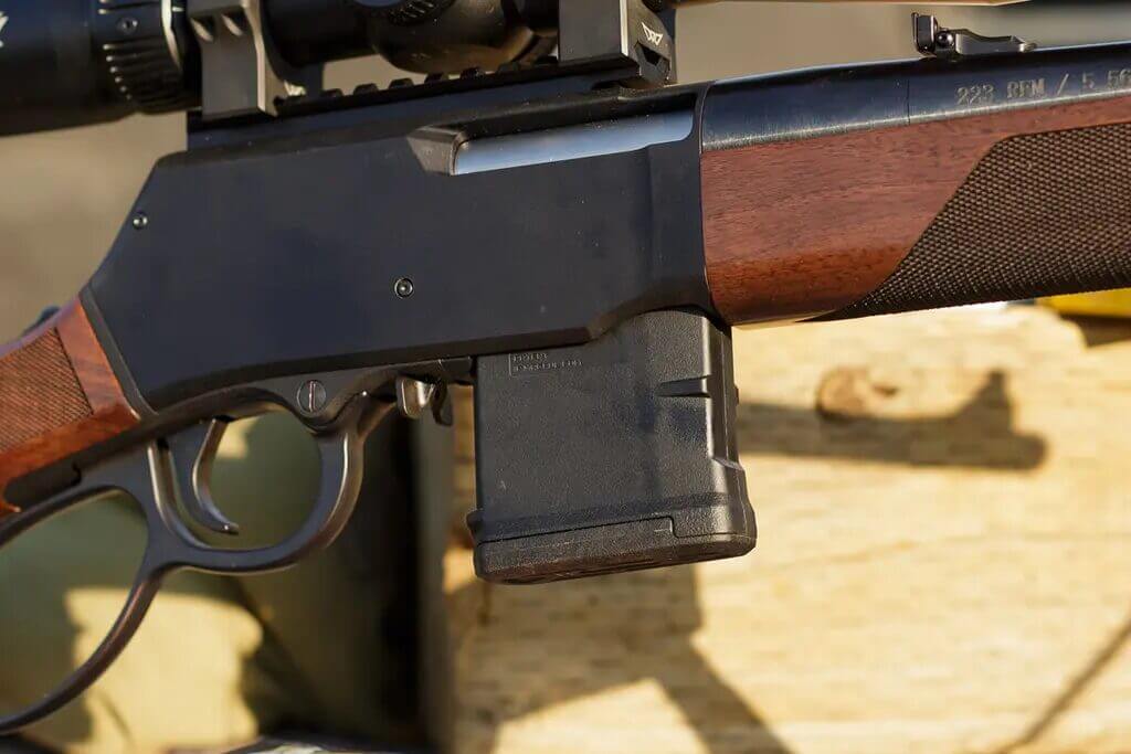 Henry Lever Action Supreme receiver with AR-15 Magpul PMAG inserted showing detachable magazine system
