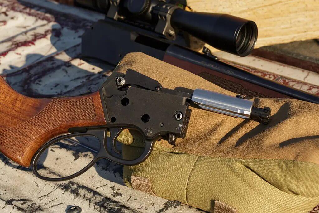 Henry Lever Action Supreme action internals and bolt carrier module removed for cleaning