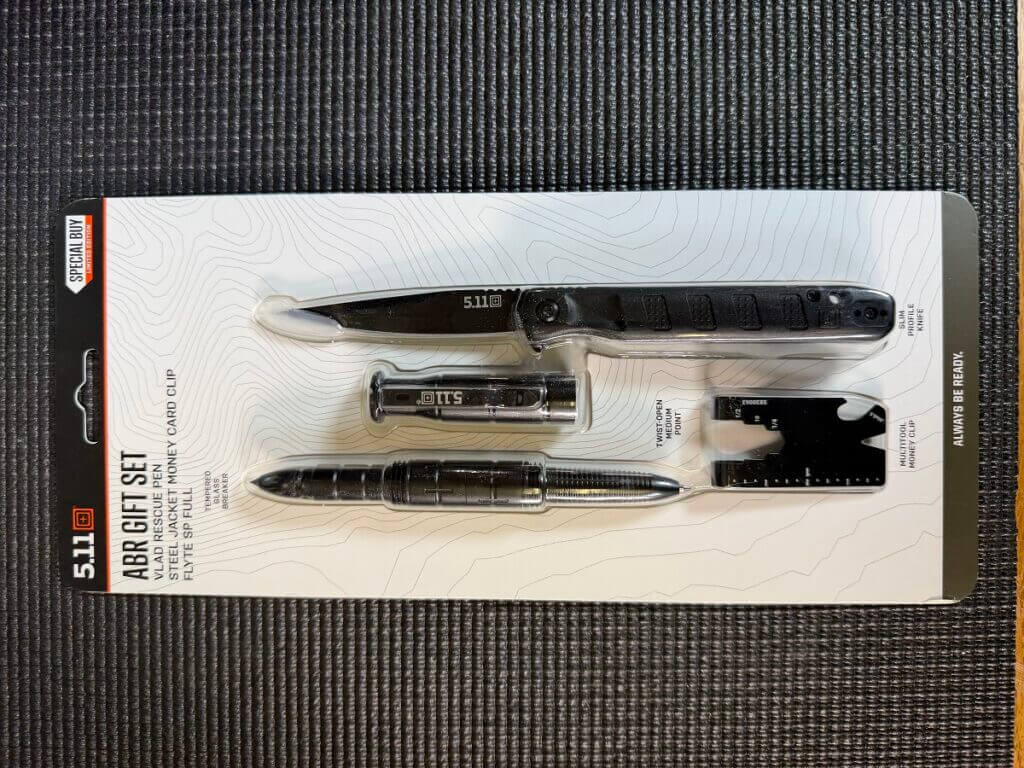 5.11 ABR gift set with carbide glass-break pen, folding knife, and money clip tool