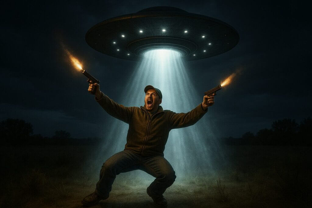 Man being abducted by a UFO, suspended in a tractor beam while yelling and shooting two pistols upward at the hovering saucer.