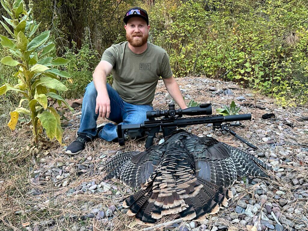 Hunter with UP-10 8.6 Blackout and harvested turkey using Discreet Ballistics Selous Expander.