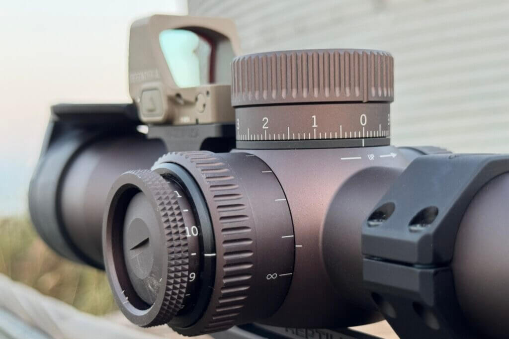 Left side controls on the Vortex Razor 4-24x44 for parallax and illuminated reticle adjustment