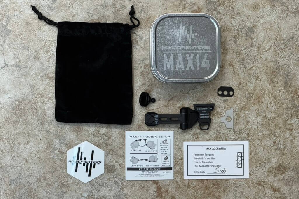 Noisefighters MAX14 contents including Tanto adaptor, oversized screw, and sticker