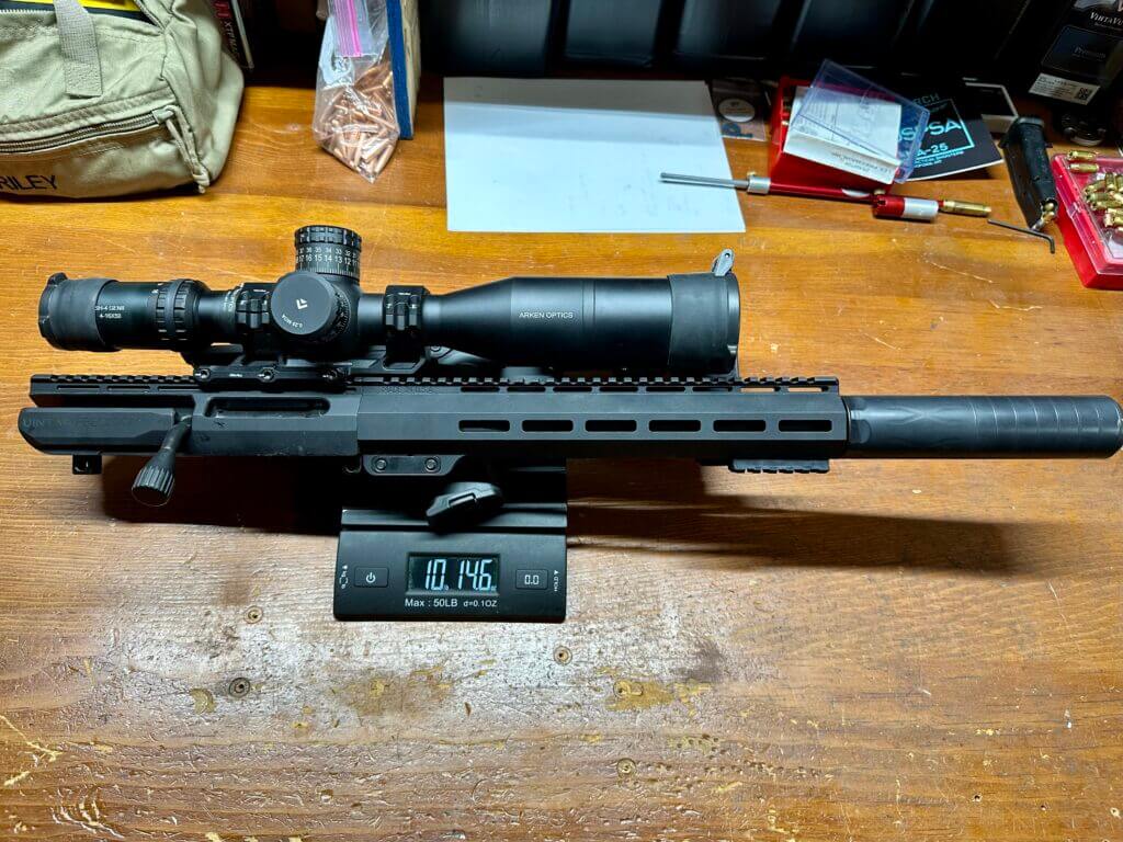 UP-10 8.6 Blackout with Arken SH-4 and Diligent Defense suppressor weighing 10 lb 14.6 oz.