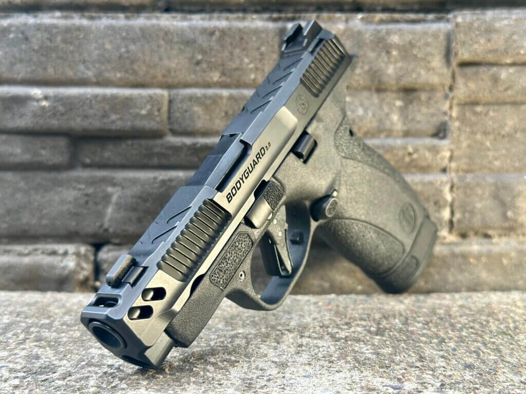 S&W Bodyguard 2.0 Carry Comp slide showing extended nose and barrel port cut between front sight and muzzle