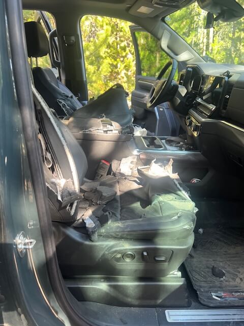 Shredded 2025 Chevrolet Silverado 2500 HD after black bear break in at Montana trailhead, driver side torn open