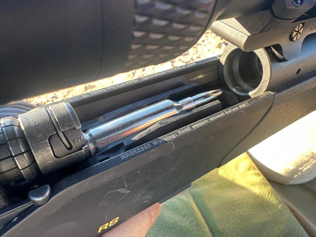 Blaser R8 floating bolt head, magazine, and breech closeup