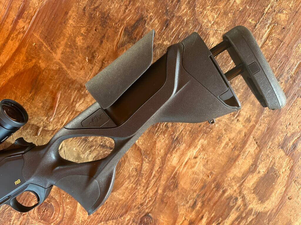 Adjustable Blaser R8 Ultimate stock with thumbhole, cheek riser, and LOP lever