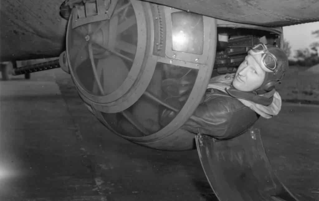 B-17 ball turret position; ball turret gunner’s exposed seat under the bomber