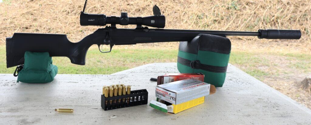 CZ 600+ Alpha on bench with EOTech VuduX 2-12 scope and SilencerCo Velos 7.62 suppressor