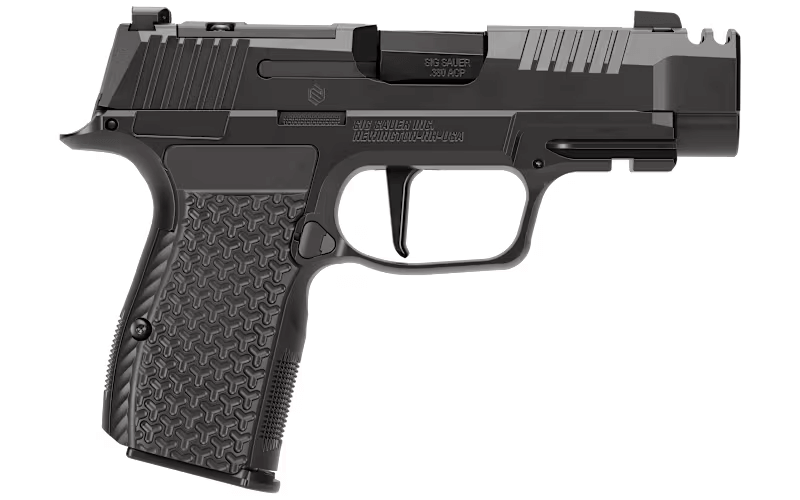 Sig Sauer P365 AXG Luxe shown in profile with compensated slide and high traction grip module