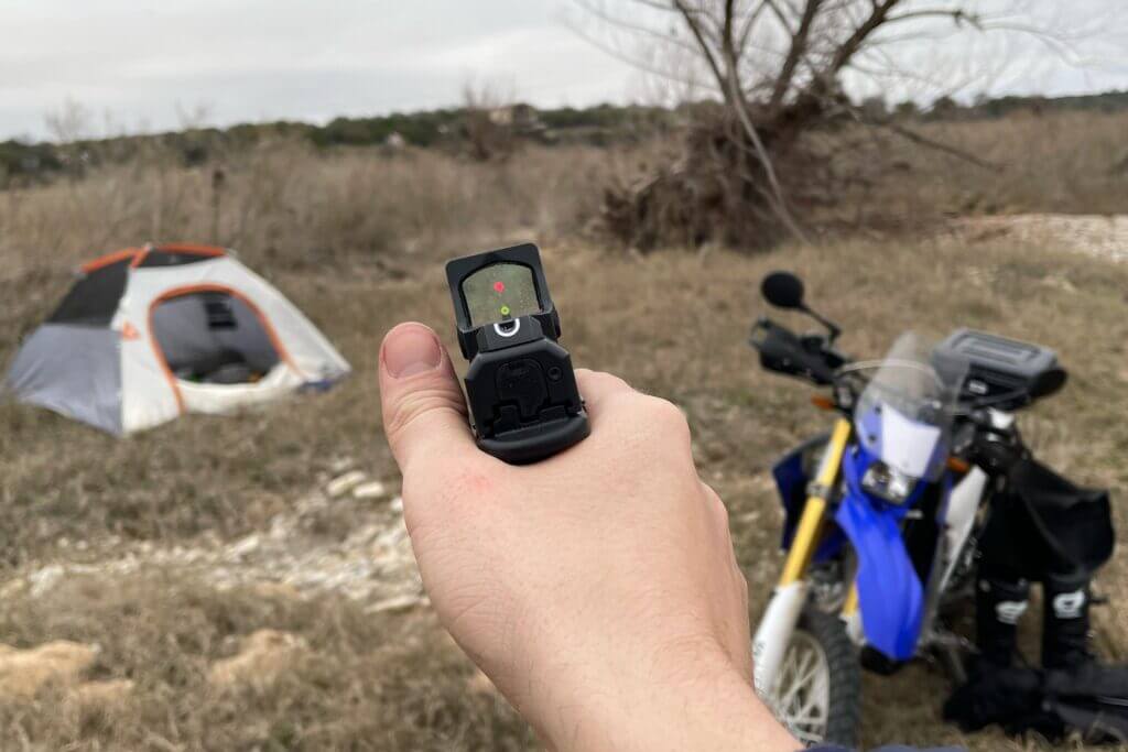 Springfield Echelon 4.0C with Vortex Defender ST red dot low cowitness with iron sights at riverside camp