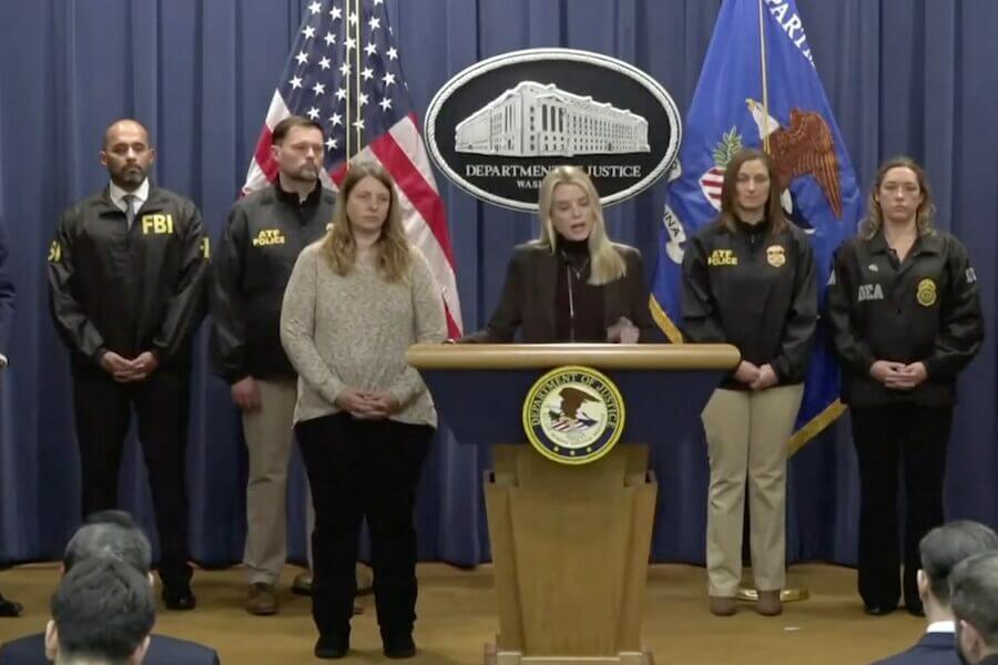Pam Bondi at a press conference.
