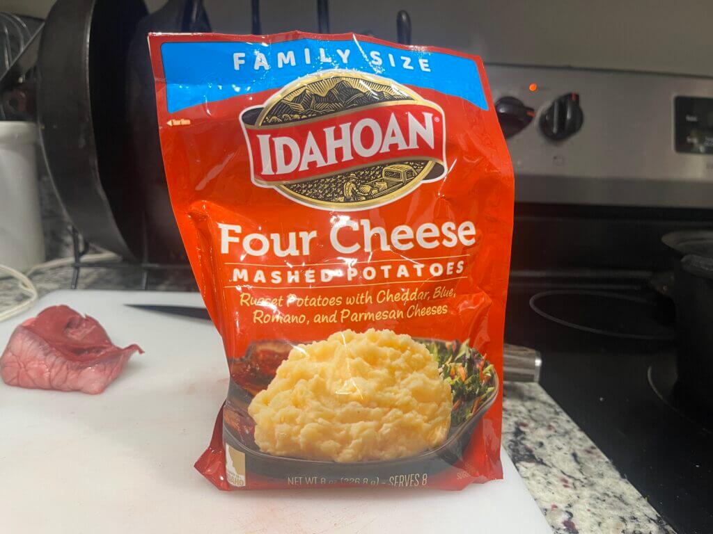 Idahoan instant mashed potatoes package for elk heart potato soup shortcut.