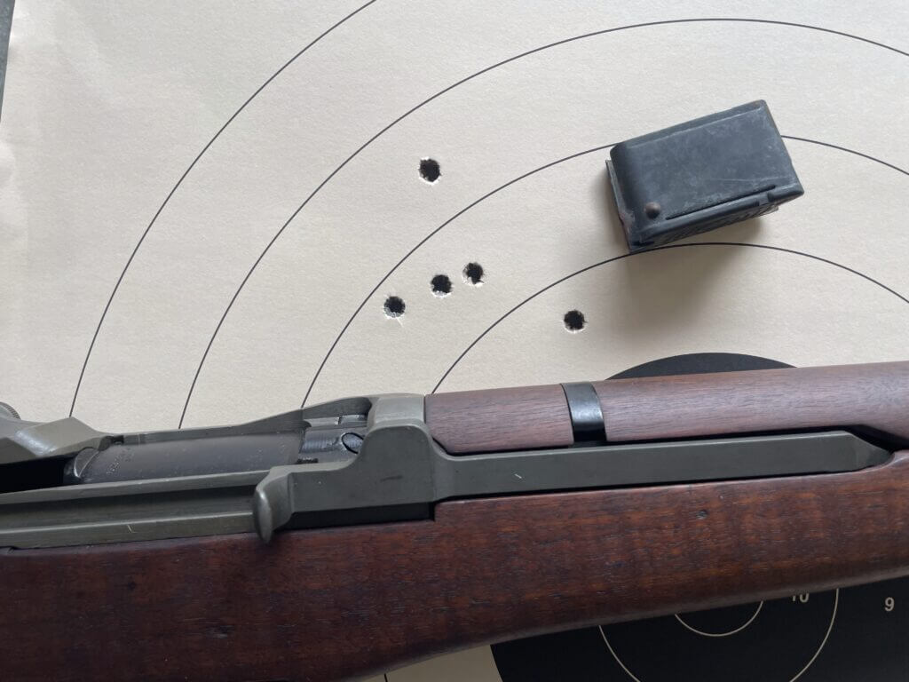 Five shot 100 yard group from an M1 Garand with Federal American Eagle ammo measuring 2.82 inches