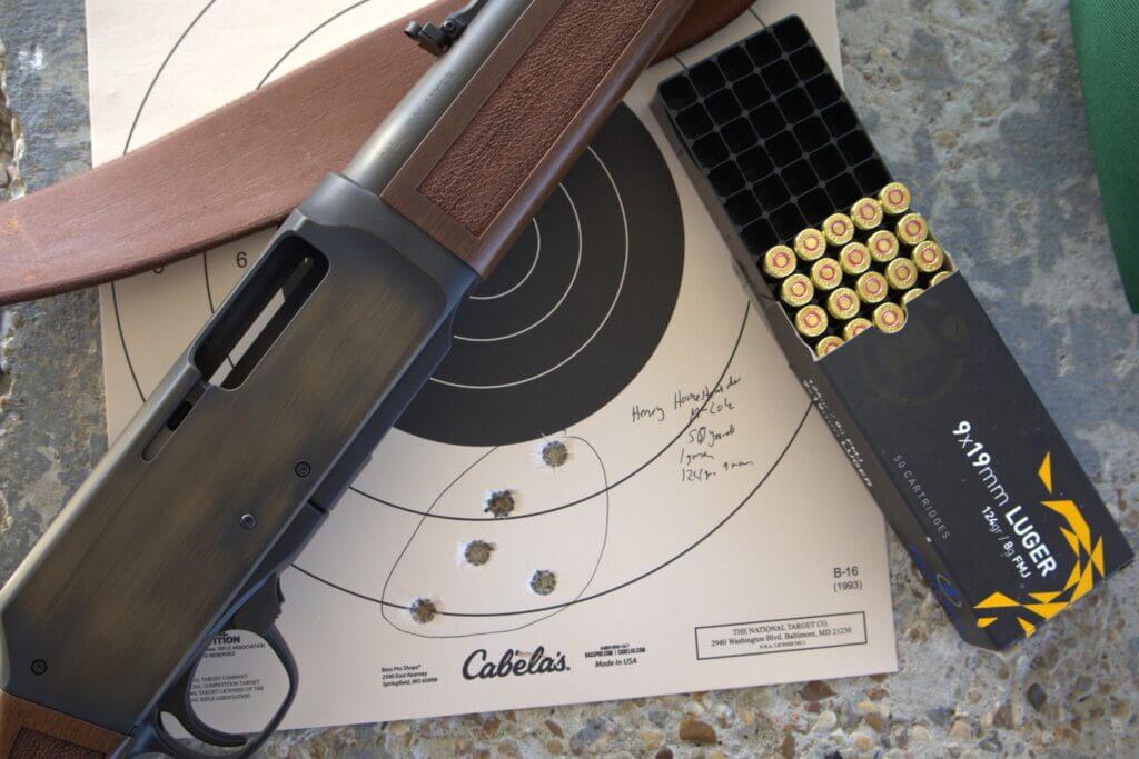 Henry Homesteader M-LOK accuracy test target with Igman ammunition at fifty yards