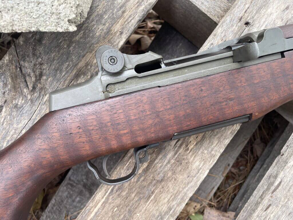M1 Garand right side view showing reciprocating charging handle and rotating bolt