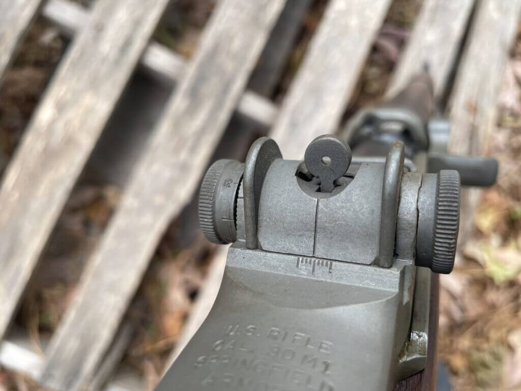 Rear sight on an M1 Garand with windage and elevation adjustments