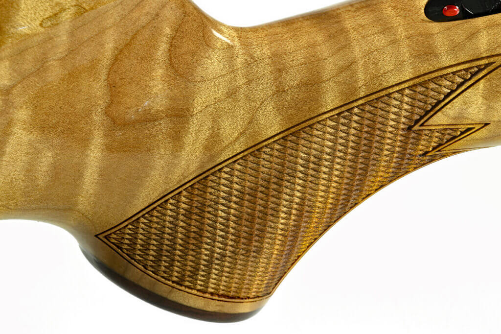 Browning X-Bolt 2 Medallion Maple 18 LPI point style checkering detail on fore end and grip