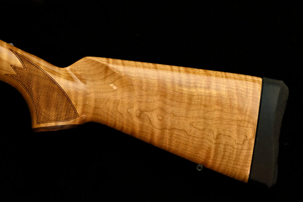 Browning X-Bolt 2 Medallion Maple buttstock closeup showing AAAA figure and finish on maple stock