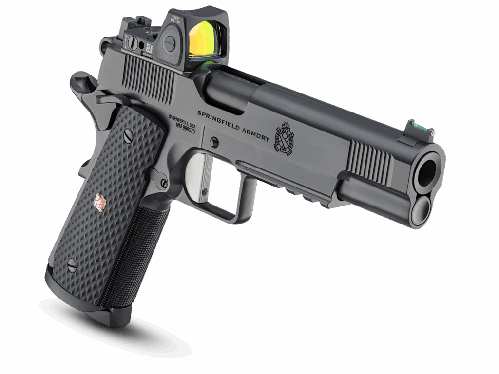 Studio image of the whole gun's right sight with the gun facing slightly toward the viewer.